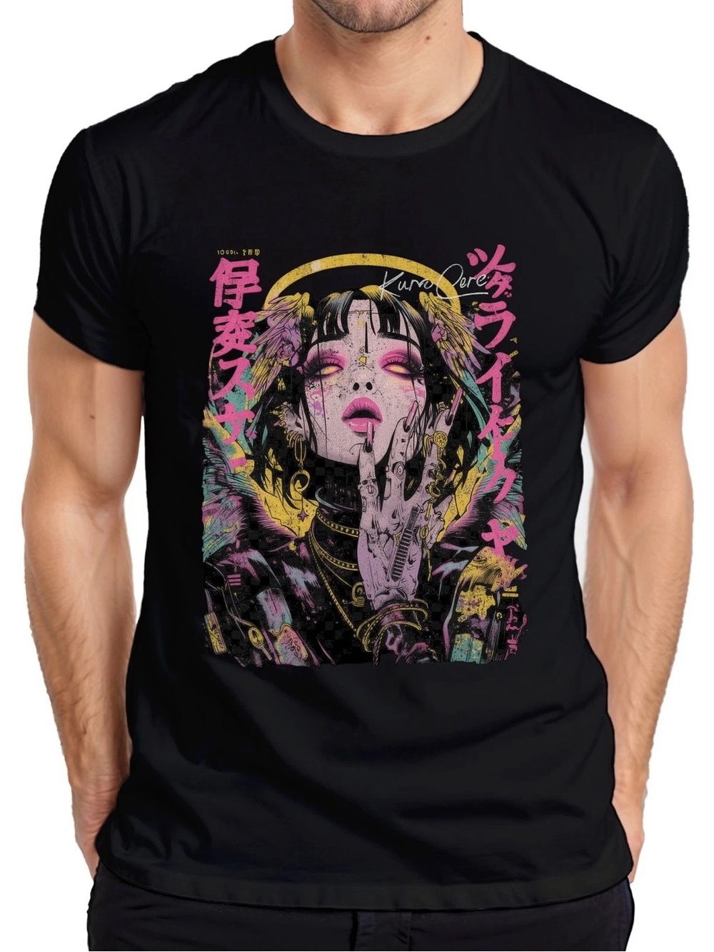 Gildan Black Men's Tee with Neon Anime Goddess Graphic